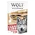 Obal s textem WOLF OF WILDERNESS, WILD CHEWS, MEADOW GROUNDS, EARS WITH FUR a siluetou králíka. Viditelné části vlčích uší v dolní části obalu.