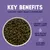 Key benefits: supports older bones and joints, helps sustain brain health, helps form solid poos. A healthy tummy means a happier dog. Bowl of dry pet food shown.