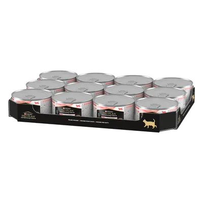 Tray containing twelve cans of Purina Pro Plan Veterinary Diets, labelled for feline use. Cans are arranged in three rows of four.