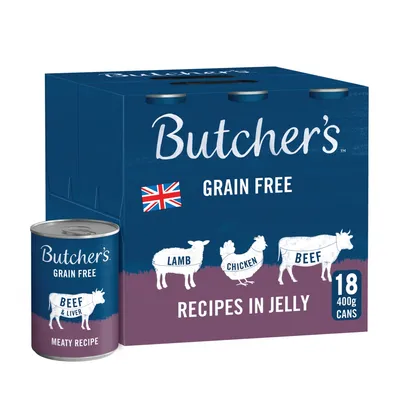 Grain free recipes in jelly with lamb, chicken and beef. Pack contains 18 cans of 400g each. Meaty recipe includes beef and liver. British flag shown.