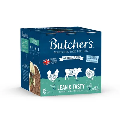 Butcher's wholegrain nourishing food, 18 tins with chicken, beef, and turkey. Lean & Tasty, supports healthy weight, 20% less fat. British & Irish farmed, developed by nutritionists.