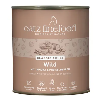catz finefood Classic Adult Game with Tapioca & Cranberries, grain-free, no added sugar, developed with veterinarians, nutrient-rich oils and fats, Natural Prey Concept. catz finefood Classic Adult Game with Tapioca & Cranberries, grain-free, no added sugar, developed with veterinarians, nutrient-rich oils and fats, Natural Prey Concept.