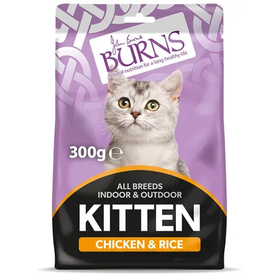 300g pack labelled for all breeds, indoor and outdoor kittens, chicken and rice flavour