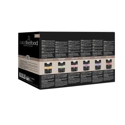 catz finefood Mixpack, 12x85g. Soorten: Kip, Wild zwijn, Lam, Schaap, Kalkoen, Rund. Ingrediënten- en analysegegevens zichtbaar op de verpakking. catz finefood Mixpack, 12x85g. Soorten: Kip, Wild zwijn, Lam, Schaap, Kalkoen, Rund. Ingrediënten- en analysegegevens zichtbaar op de verpakking.