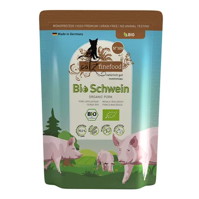 catz finefood Bio Schwein macskaeledel tasak, látható: BIO tanúsítvány, 95,5% hús, Made in Germany, monoprotein, gabonamentes, állatkísérlet-mentes, sertés illusztrációval