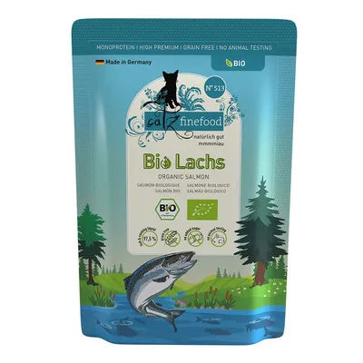 Confezione catz finefood Bio Lachs, salmone biologico per gatti, certificato BIO, made in Germany, 97,5 % ingredienti animali, senza cereali, no test sugli animali, peso non visibile.