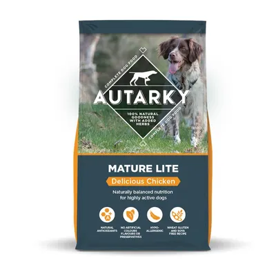 Mature Lite Delicious Chicken, naturally balanced nutrition for highly active dogs. Features: natural antioxidants, no artificial colours, hypoallergenic, wheat gluten and soya free recipe.