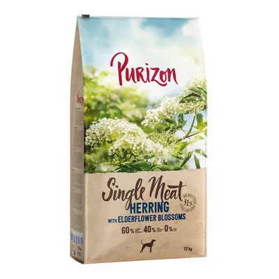 Опаковка Purizon Single Meat Herring with Elderflower Blossoms, 12 кг. Видими надписи: 60 % риба, 40 % зеленчуци и плодове, 0 % зърнени храни. Силует на куче.
