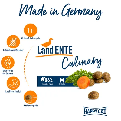 Happy Cat Landente Culinary, Made in Germany, getreidefreie Rezeptur, ab dem 1. Lebensjahr, unterstützt die Gelenke, leicht verdaulich, 86% tierisches Protein, Kroketten M, Grösse 9x6mm.
