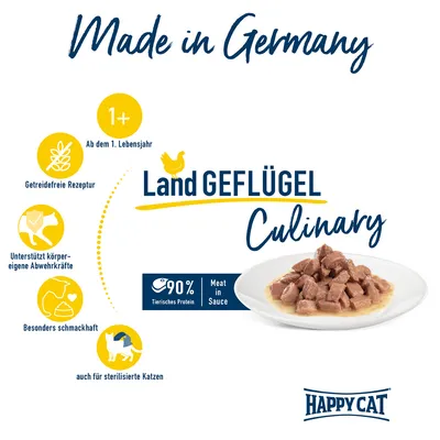 Made in Germany, Land GEFLÜGEL Culinary, 90 % protéines animales, recette sans céréales, dès 1 an, soutient les défenses naturelles, savoureux, aussi pour chats stérilisés, Happy Cat.