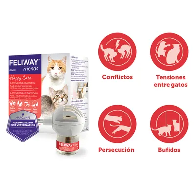 Feliway Friends difusor y recambio. Texto visible: 'Convive en armonía', 'Recomendado por veterinarios'. Iconos: Conflictos, Tensiones entre gatos, Persecución, Bufidos.