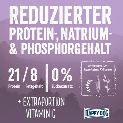Reduzierter Protein-, Natrium- und Phosphorgehalt. 21/8 Protein, Fettgehalt. 0% Zuckerzusatz. Mit wertvollen heimischen Kräutern. Extraportion Vitamin C. Happy Dog.