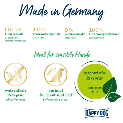 Made in Germany. Ohne Gentechnik, 24/10 Protein/Fettgehalt, 0% Zuckerzusatz, 100% Gourmetgeschmack. Ideal für sensible Hunde: weizenfreie Rezeptur, optimal für Haut und Fell, vegetarische Rezeptur.