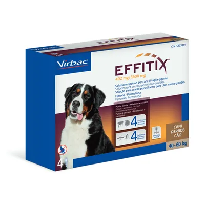 Virbac EFFITIX 402 mg/3600 mg para perros 40–60 kg, solución spot-on con fipronil y permetrina. Protección 4 semanas contra pulgas, garrapatas, flebotomos y mosquitos. Caja de 4 pipetas.