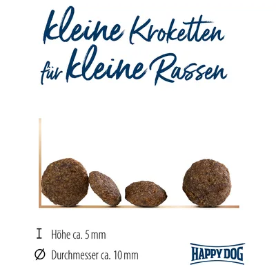Kleine Kroketten für kleine Rassen. Höhe ca. 5 mm, Durchmesser ca. 10 mm. Happy Dog Logo sichtbar.