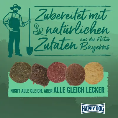 Texte en allemand : Zubereitet mit natürlichen Zutaten aus der Natur Bayerns. Nicht alle gleich, aber alle gleich lecker. Marque Happy Dog.
