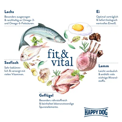 Happy Dog fit & vital. Zutaten: Lachs mit Omega-3 und -6, Seefisch mit Vitaminen, Geflügel mit Spurenelementen, Ei mit biologischem Eiweiss, Lamm mit Mineralstoffen.