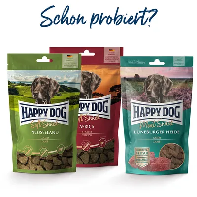 Happy Dog Soft Snack Neuseeland Lamm, Africa Strauss, Meat Snack Lüneburger Heide Lamm. Made in Germany, ohne Zusatz von Konservierungsstoffen, Qualitätsfleisch aus Deutschland.