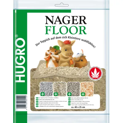 Confezione HUGRO Nager Floor, tappetino per roditori ca. 40 x 25 cm, con illustrazione di piccoli animali e vari tipi di lettiera visibili sulla parte anteriore. Testo in tedesco e altre lingue.