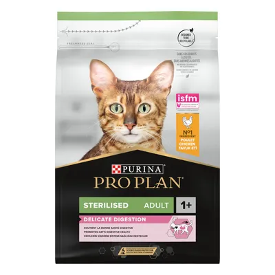 Purina Pro Plan Sterilised Adult 1+ Delicate Digestion with chicken. Promotes digestive health. No.1 ingredient chicken. Suitable for sterilised adult pets. Science based nutrition.