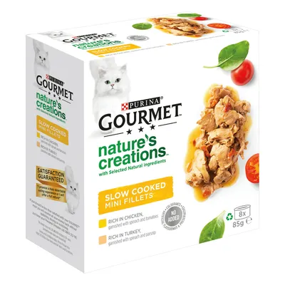 Gourmet Nature's Creations slow cooked mini fillets, rich in chicken with spinach and tomatoes, rich in turkey with spinach and parsnip. No added colourants or flavourings. 8x85g.
