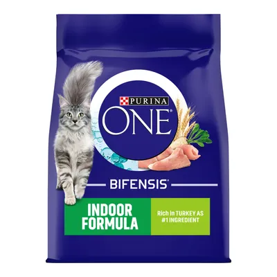 Purina ONE Bifensis Indoor Formula, rich in turkey as number one ingredient, shown on product packaging with grains and herbs.