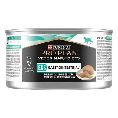 Purina Pro Plan Veterinary Diets EN Gastrointestinal mousse for cats, shown in a tin with product name and feeding guide visible on the label. Purina Pro Plan Veterinary Diets EN Gastrointestinal mousse for cats, shown in a tin with product name and feeding guide visible on the label.