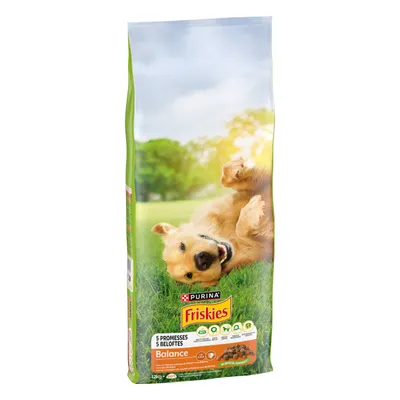 Confezione di crocchette per cani Purina Friskies Balance, 12 kg, con scritta '5 promesse', immagini di ingredienti e un cane dorato sdraiato sull'erba. Testo in francese visibile.