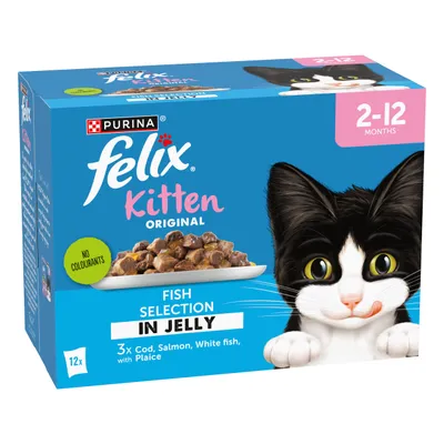 Felix Kitten Original Fish Selection in Jelly, suitable for 2-12 months, no colourants, includes cod, salmon, white fish and plaice, 12 portions shown on packaging.