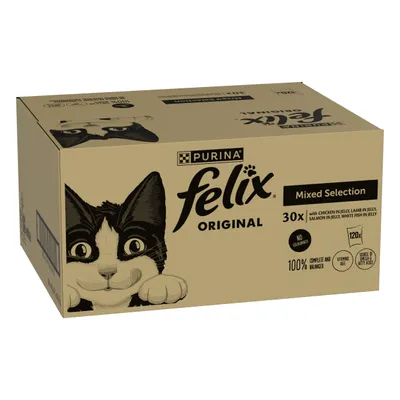 Box labelled Felix Original Mixed Selection, 30 packs with chicken in jelly, lamb in jelly, salmon in jelly, white fish in jelly. No colourants, 100% complete and balanced, vitamins D&E.