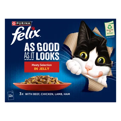 Felix As Good As It Looks 12 x 85g - Meaty Selection in Jelly (Beef, Chicken, Lamb & Ham)