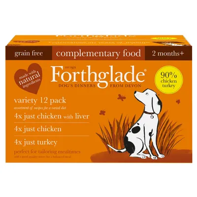 Forthglade complementary food, grain free, for pets aged 2 months+, variety 12 pack: 4x just chicken with liver, 4x just chicken, 4x just turkey, made with natural ingredients, 90% chicken turkey.