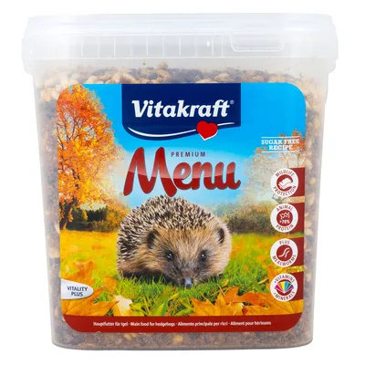Vitakraft Premium Menu hoofdvoer voor egels, emmer met afbeelding van egel, tekst: sugar free recipe, wildlife protection, animal protein >70%, plus mealworms, vitaminen & mineralen.