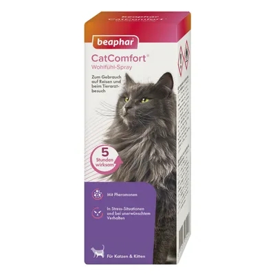 beaphar CatComfort Wohlfühl-Spray, 5 Stunden wirksam, mit Pheromonen. Für Katzen y gatitos. Texto en alemán visible en el envase.