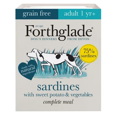 Grain free, adult 1 year plus, made with natural ingredients, 75% sardines, sardines with sweet potato and vegetables, complete meal.