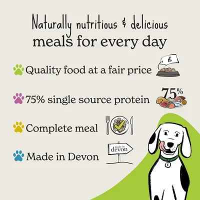 Naturally nutritious and delicious meals for every day: quality food at a fair price, 75% single source protein, complete meal, made in Devon.