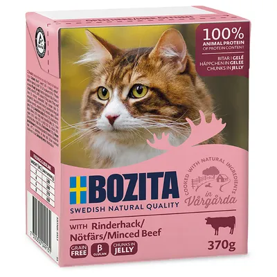 Bozita Swedish Natural Quality, chunks in jelly with minced beef, 370g. Grain free, cooked with natural ingredients in Vårgårda, 100% animal protein.