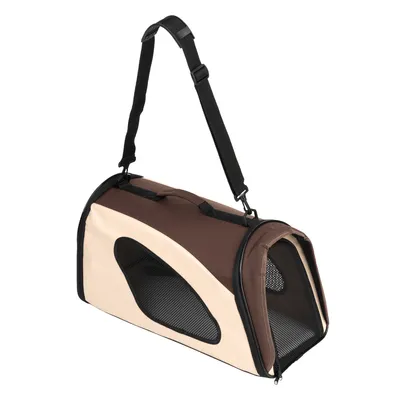 Sac de transport pour animaux en tissu beige et marron, avec bandoulière réglable et panneaux en maille noire sur les côtés et l’avant.