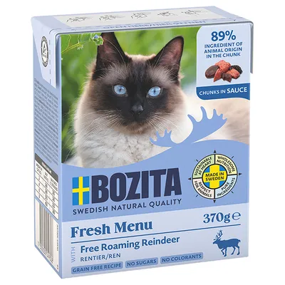 Bozita Fresh Menu com rena de criação livre, 370g. Sem cereais, sem açúcar, sem corantes. 89% ingredientes animais em pedaços, Made in Sweden.
