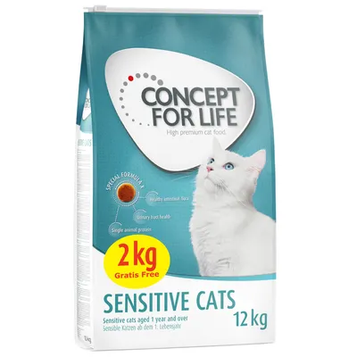 Concept for Life Sensitive Cats, 12 kg torrfoder för känsliga katter från 1 års ålder. Specialformula: frisk tarmflora, urinvägshälsa, animaliskt enkelprotein. 2 kg gratis.