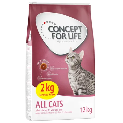 Concept for Life All Cats, magas minőségű macskaeledel, 12 kg csomag. Speciális formula: ideális testsúlymegőrzés, szőrlabda funkció, húgyúti támogatás. 2 kg ajándék.