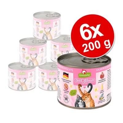 GranataPet DeliCATessen Salmon & Seafood, 6 x 200 g dåser kattemad. Synligt: tysk flag, Made in Germany, granatæblekerner, laks, grøn læbe musling, kornfri, Safe, kattegrafik.