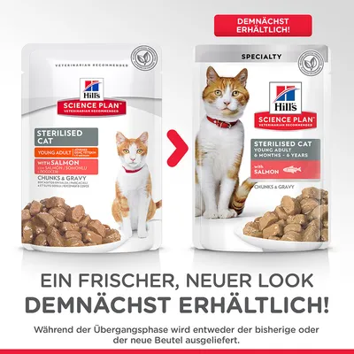 Hill's Science Plan Sterilised Cat Young Adult with Salmon, два варианта на опаковка с изображение на котка и парчета храна в сос. Текст на немски: Demnächst erhältlich!