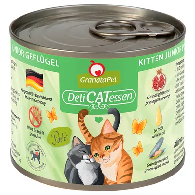 GranataPet DeliCATessen Kitten Junior hydina. Vyrobené v Nemecku, bez obilnín, s granátovým jablkom, lososovým olejom a zelenou mušľou. Bez testovania na zvieratách.