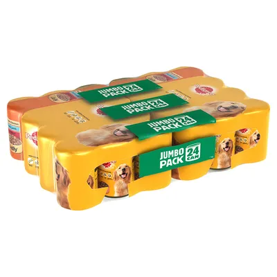 Pedigree Jumbo Pack mit 24 Dosen Hundefutter, gelbe Verpackung mit Abbildungen eines Hundes und Produktdetails sichtbar.