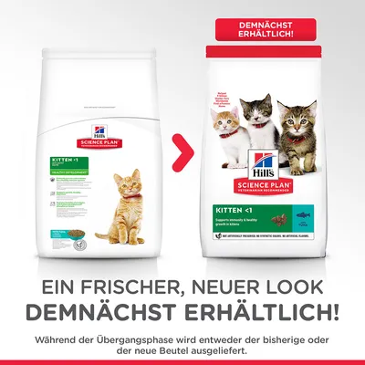 Hill's Science Plan Kitten <1 torrfoder, gammal och ny förpackning visas. Text på tyska: Ein frischer, neuer Look. Demnächst erhältlich!