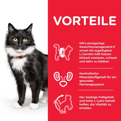 Texte en allemand : avantages Hill’s, gestion du poids avec L-Carnitin, minéraux contrôlés pour système urinaire sain, faible teneur en graisses et lysine pour vitalité. Chat noir et blanc visible.