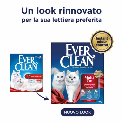 Ever Clean Multi Cat lettiera per gatti con nuovo design della confezione, indicazione del controllo immediato degli odori e contenuto di 10 L. Ever Clean Multi Cat lettiera per gatti con nuovo design della confezione, indicazione del controllo immediato degli odori e contenuto di 10 L.