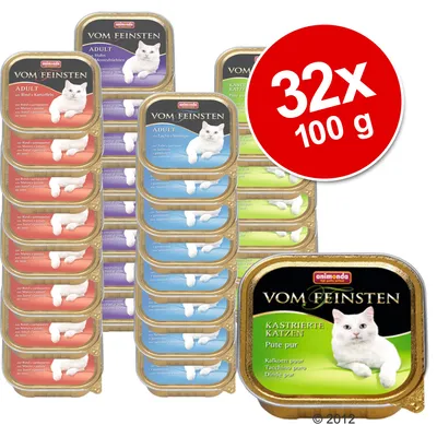 Pack de 32 unidades de 100 g de comida húmida para gatos Animonda Vom Feinsten, variedades visíveis: Adult com vaca e batata, frango, salmão e camarão, e Kastrierte Katzen peru puro.