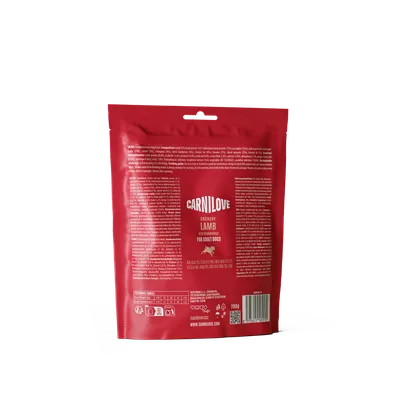 CARNILOVE Crunchy Jagnięcina z żurawiną dla dorosłych psów, tabela żywienia, 200 g, www.carnilove.com. Składniki i wartości analityczne widoczne na odwrocie. CARNILOVE Crunchy Jagnięcina z żurawiną dla dorosłych psów, tabela żywienia, 200 g, www.carnilove.com. Składniki i wartości analityczne widoczne na odwrocie.